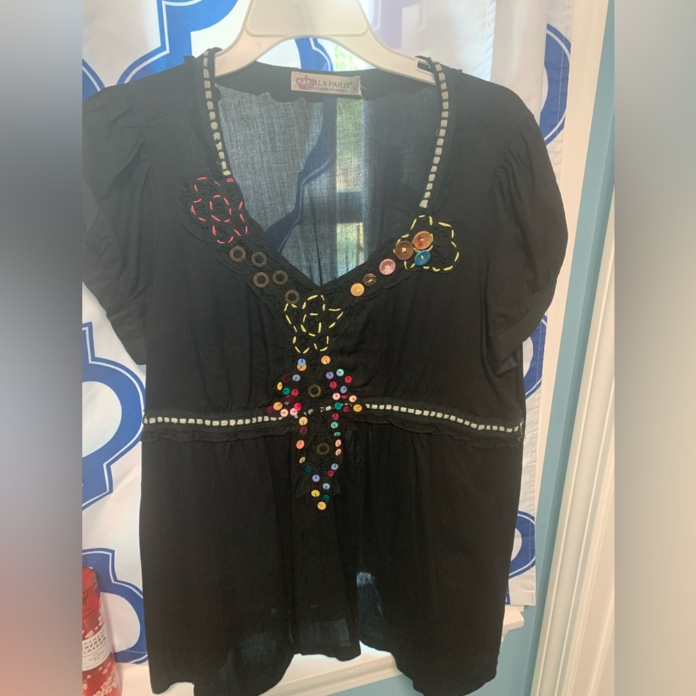 Forla Paris Colorful Embellished Black Blouse